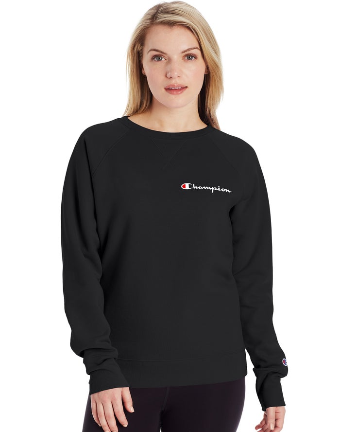 Champion Womens Sweatshirt NZ - Powerblend Fleece Classic Crew Script Logo Black ( 4019-MILQJ )